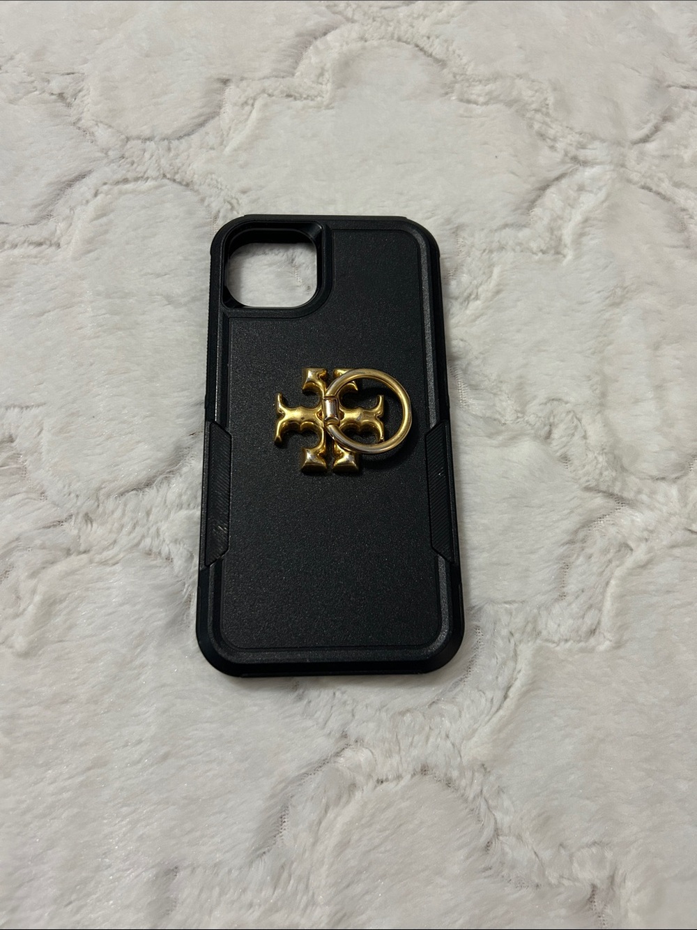 Tory Burch Black Phone Case with Gold Logo Ring